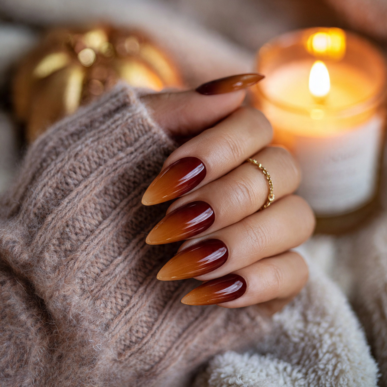 Fall Nails Almond Designs – Soft Tones & Autumn Style 11 Amber Twilight Almond