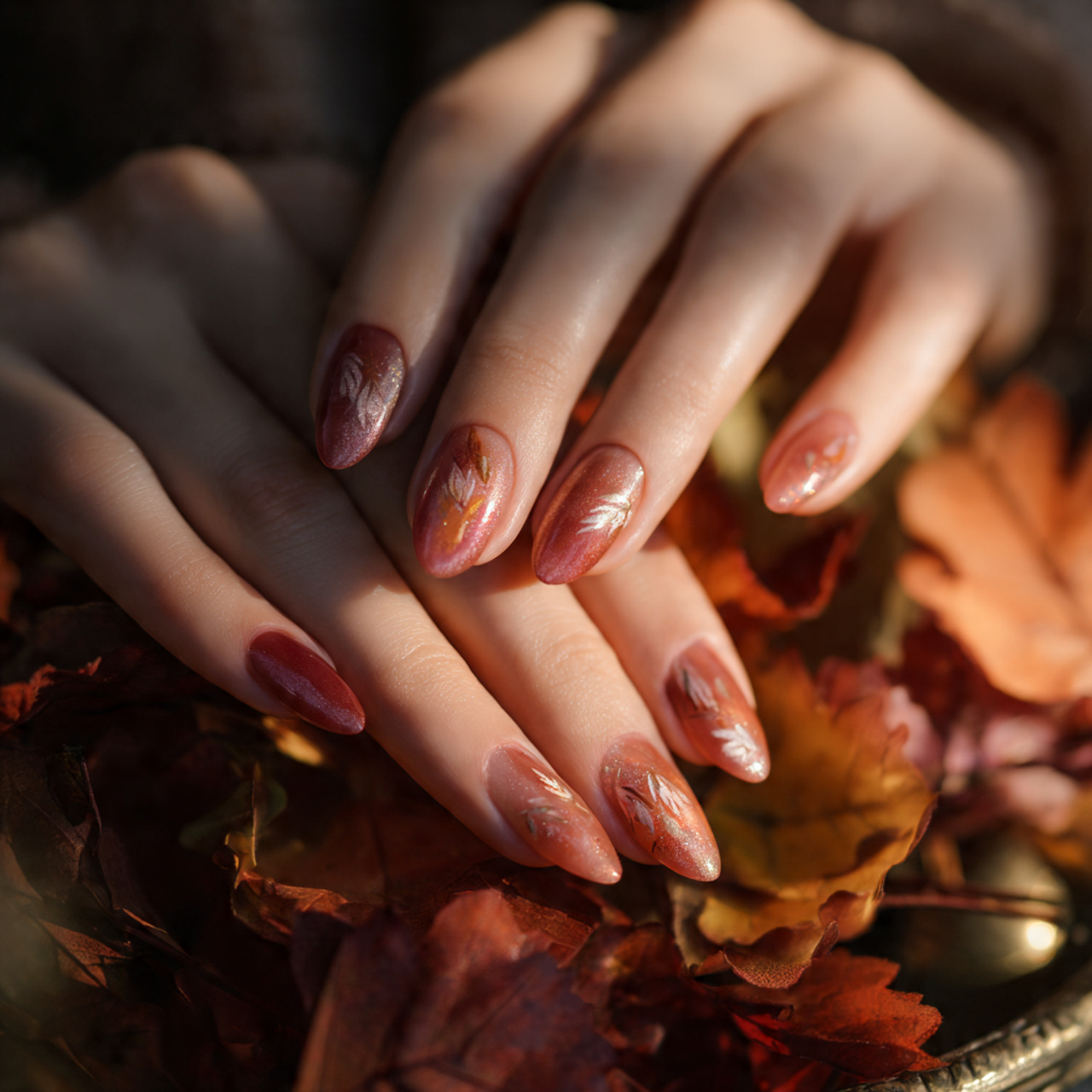Fall Nails Almond Designs – Soft Tones & Autumn Style 4 Maple Leaf Whisper