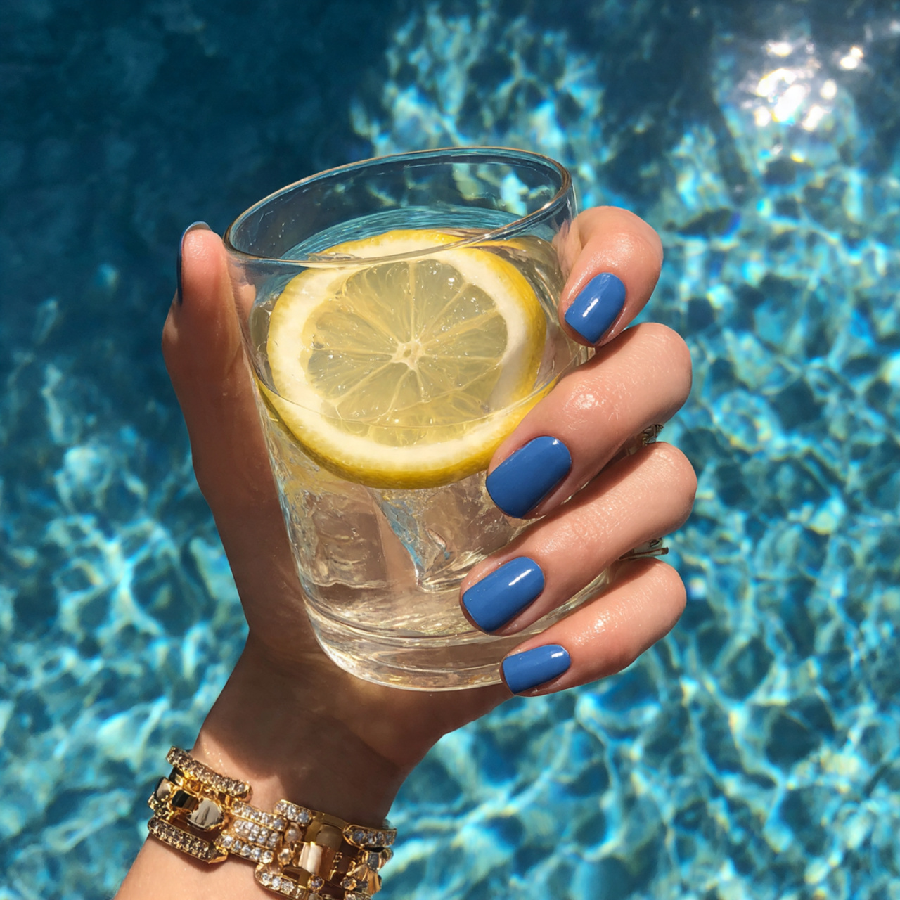 Blue Summer Nails You’ll Want to Save All Season Long 3 bright blue summer nails holding a glass of iced l