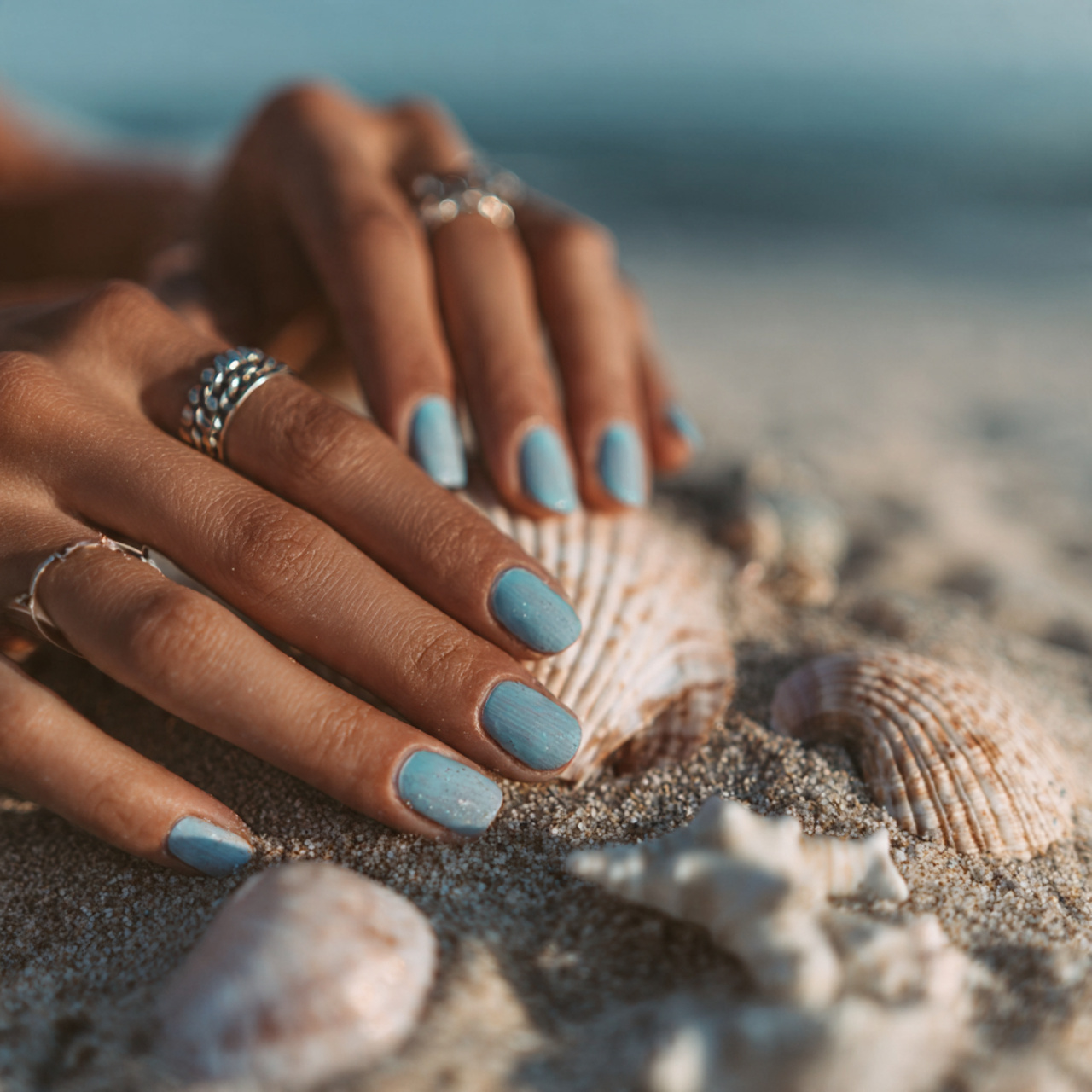 Blue Summer Nails You’ll Want to Save All Season Long 1 close up of feminine hands with ocean blue summer