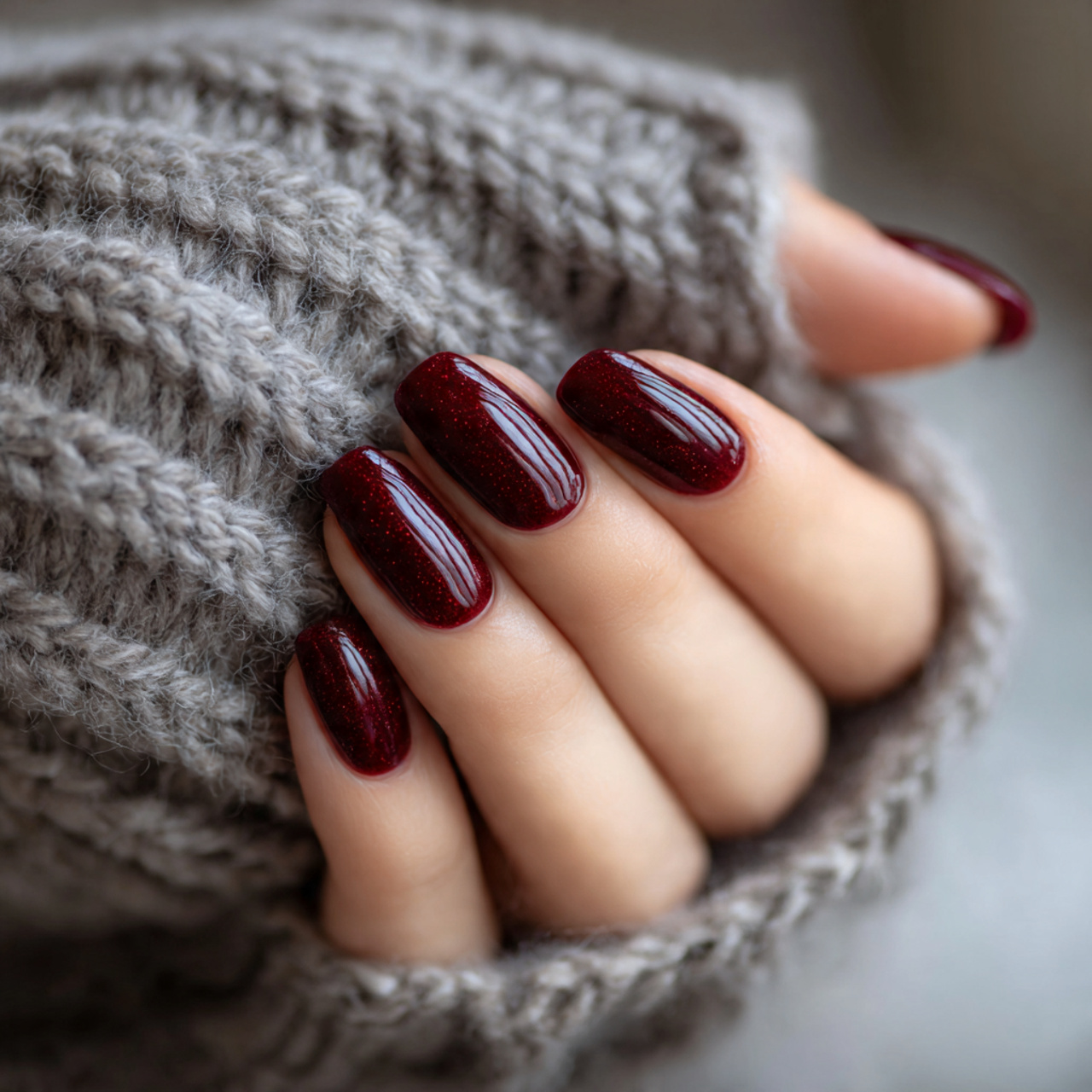 deep cherry red and black nails styled in a cozy s
