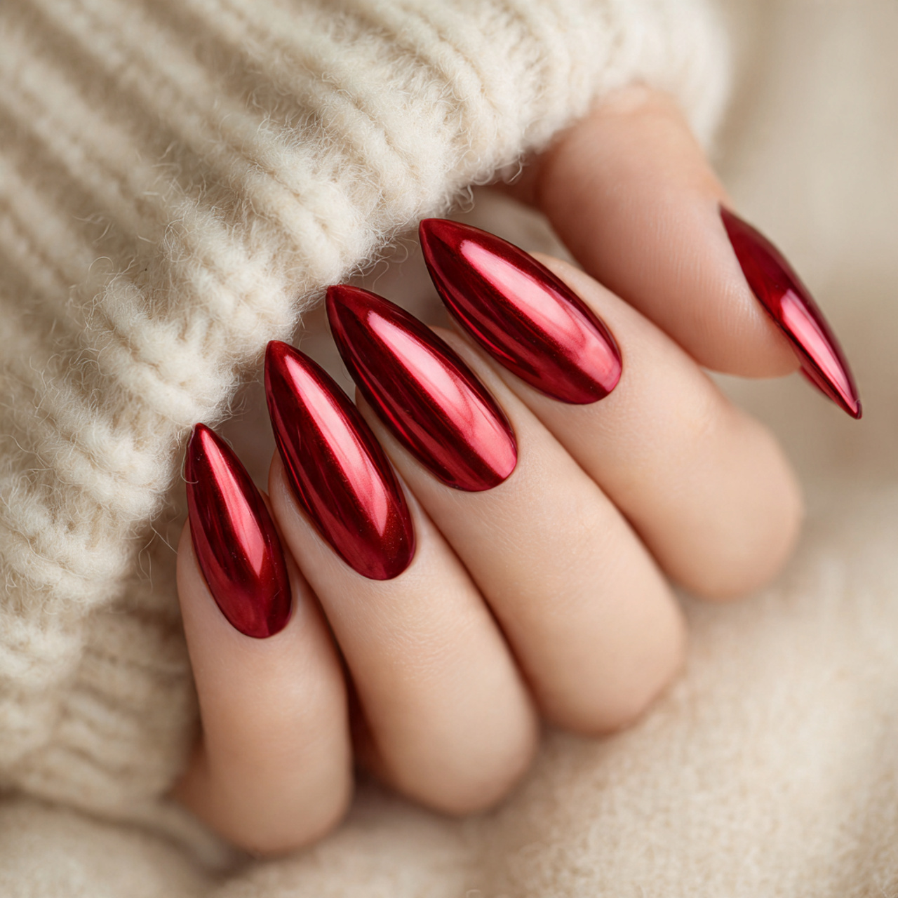 Glassy Red Chrome Almond Nails