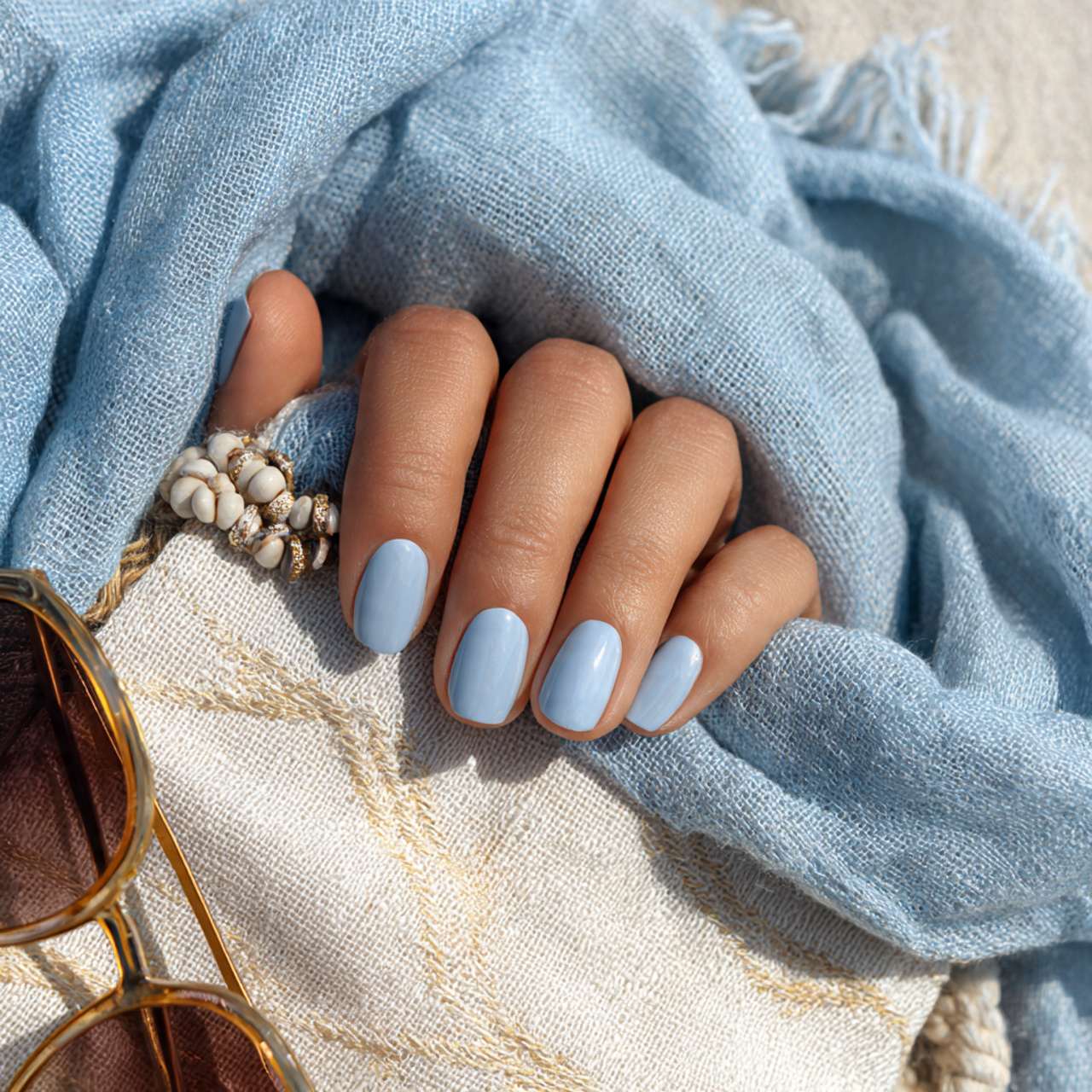 Blue Summer Nails You’ll Want to Save All Season Long 4 muted blue summer nails styled with linen fabric a