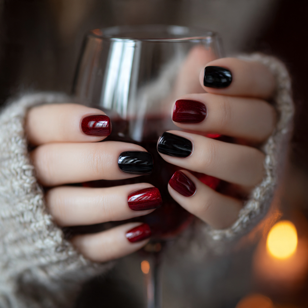 romantic black and red nails styled for an intimat