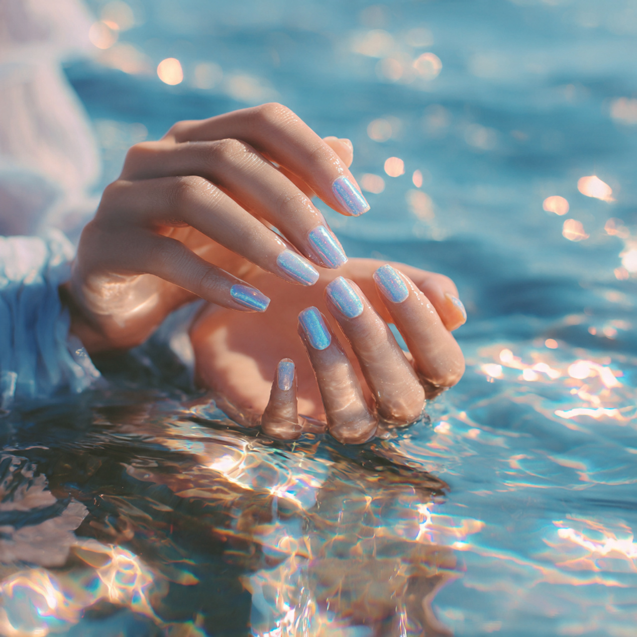 Blue Summer Nails You’ll Want to Save All Season Long 7 shimmery soft blue summer nails glowing under gold