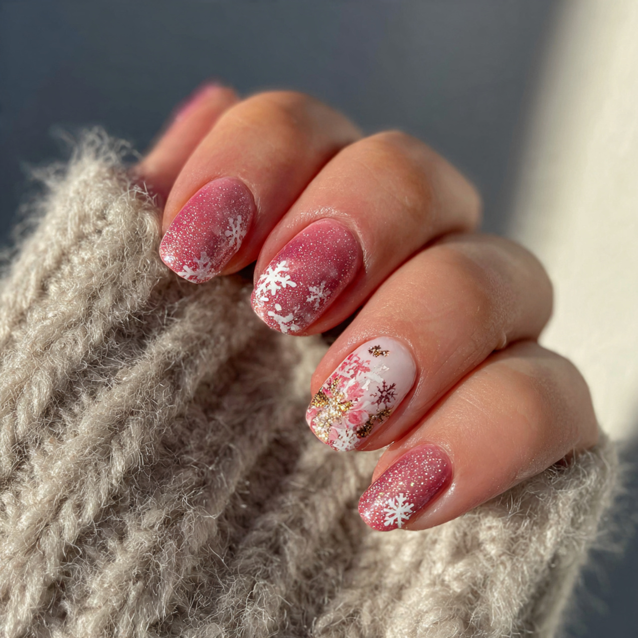 Pink Christmas Nails – Soft, Festive & Trendy Nail Ideas 10 Snow-Kissed Pink Charm