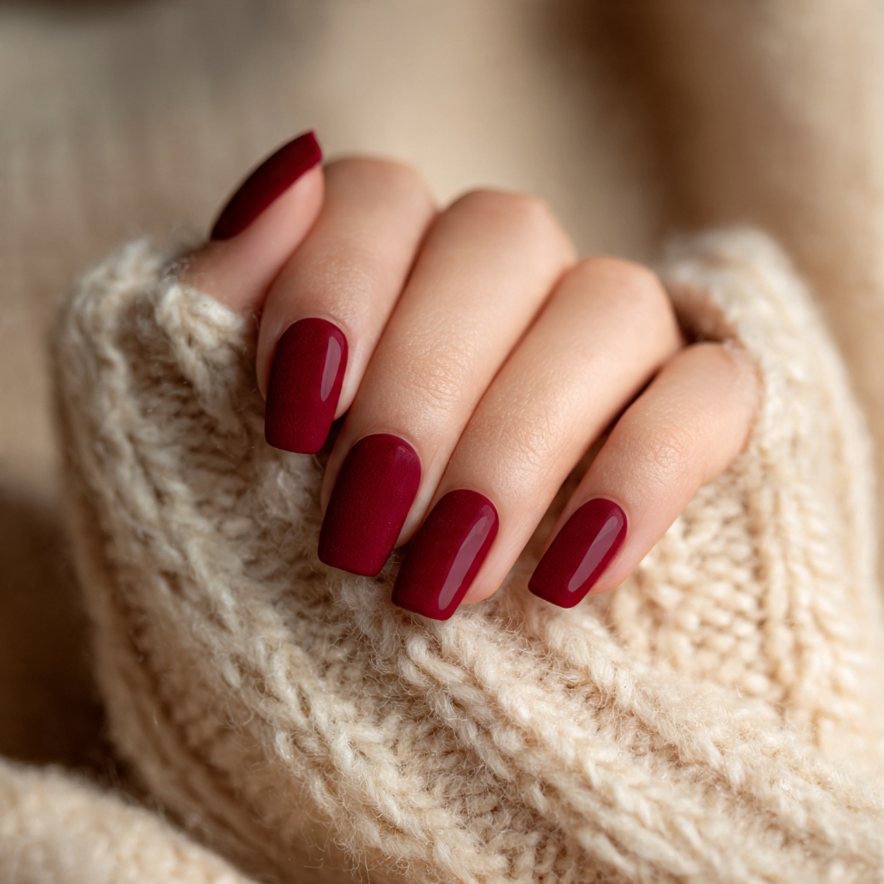 Red Christmas Nails That Feel Cozy, Festive, and Timeless 2 Cozy Cherry Velvet