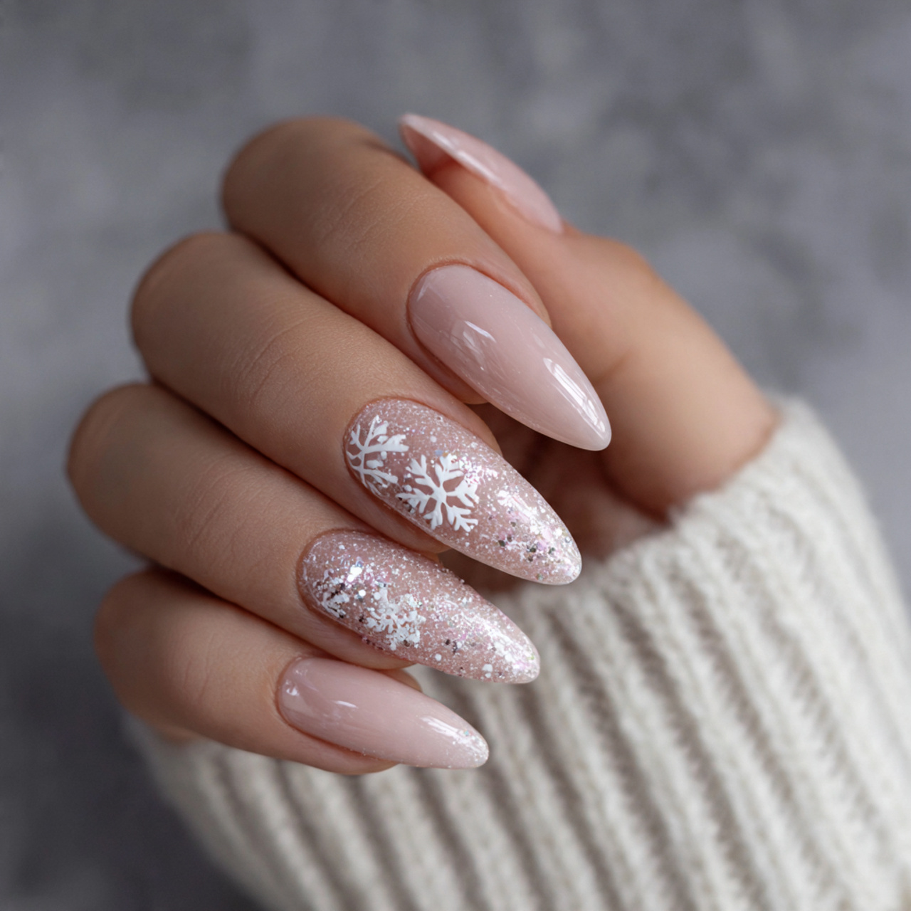 Winter Nails That Feel Cozy, Soft & Beautiful 12 Snowy Almond Veil