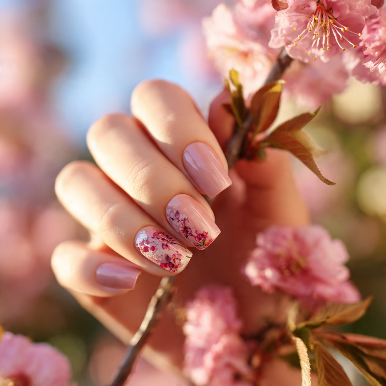 Chic Spring Nails Short for the New Season 12 Floral Accent Glow