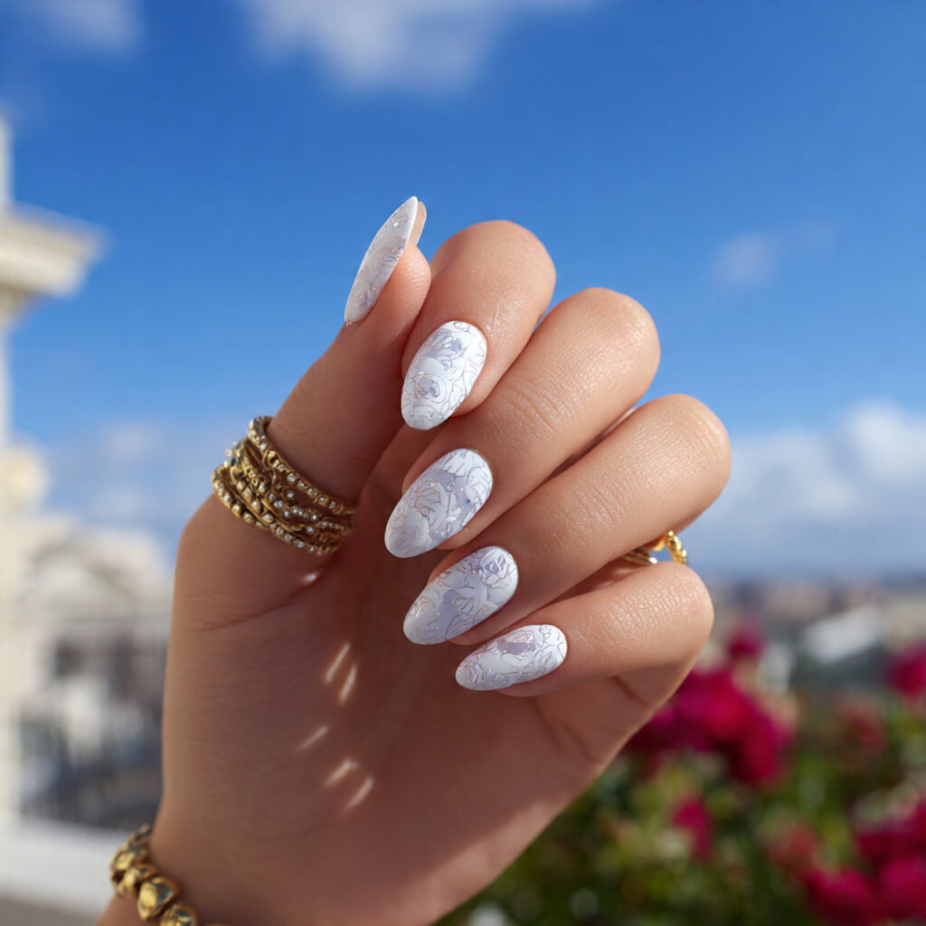 Stylish White Acrylic Nails for a Luxe Look 8 Floral Whisper White