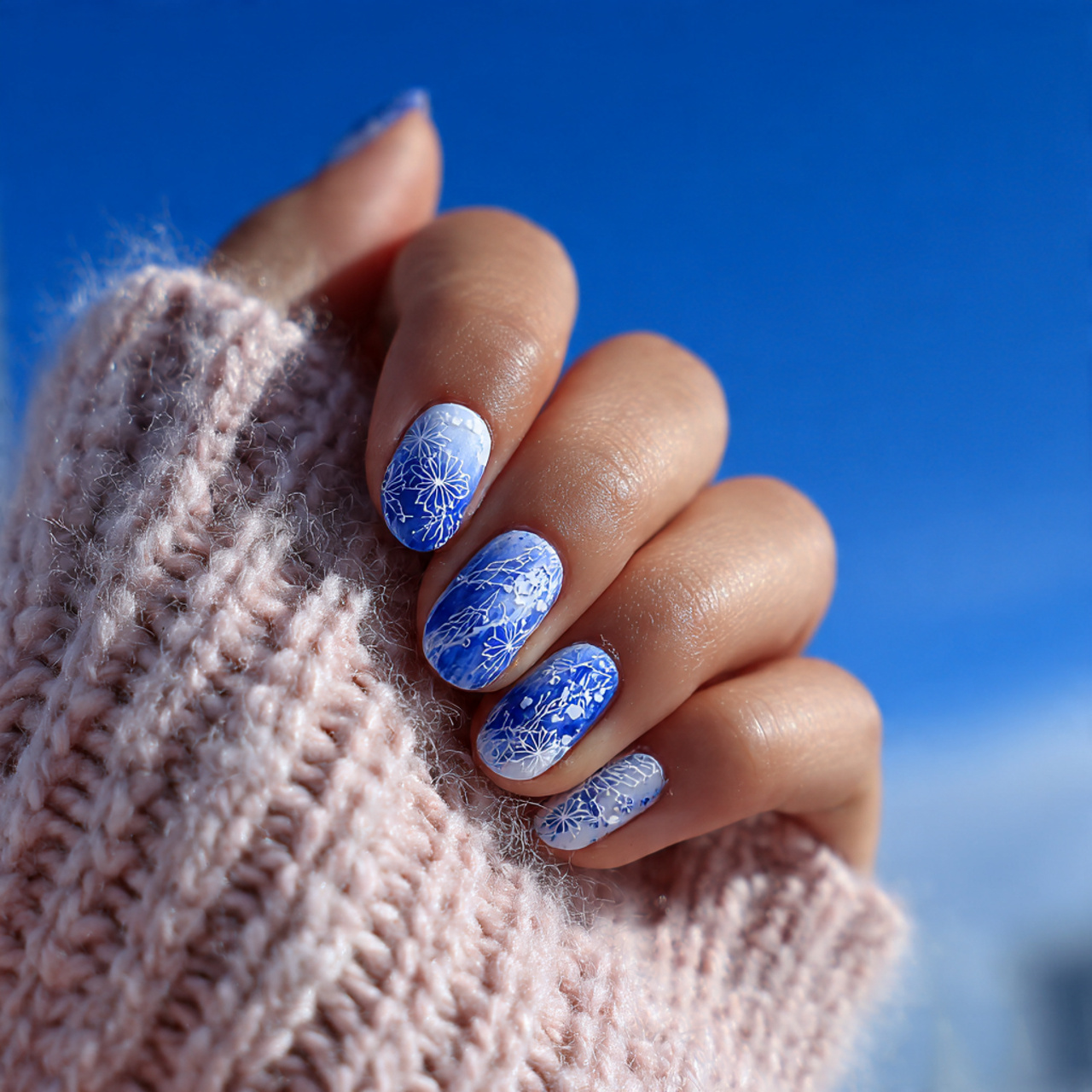 Elegant Blue and White Nails for a Fresh Look 11 Frosted Lace