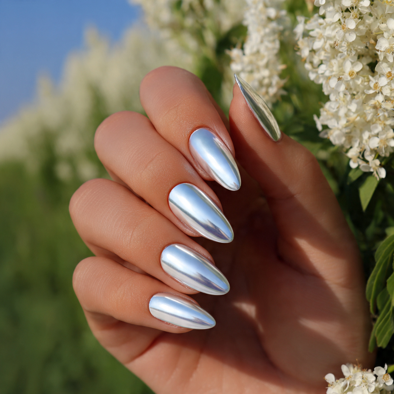 Chic White Chrome Nails You’ll Love in This Season 9 Glossed Ice Almond