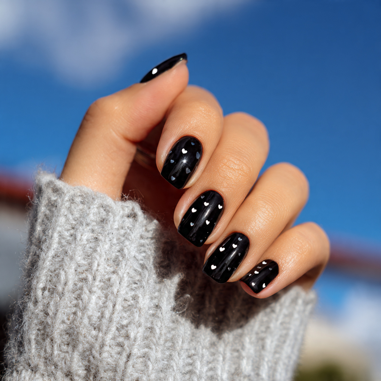 Glossy Black with Tiny Hearts