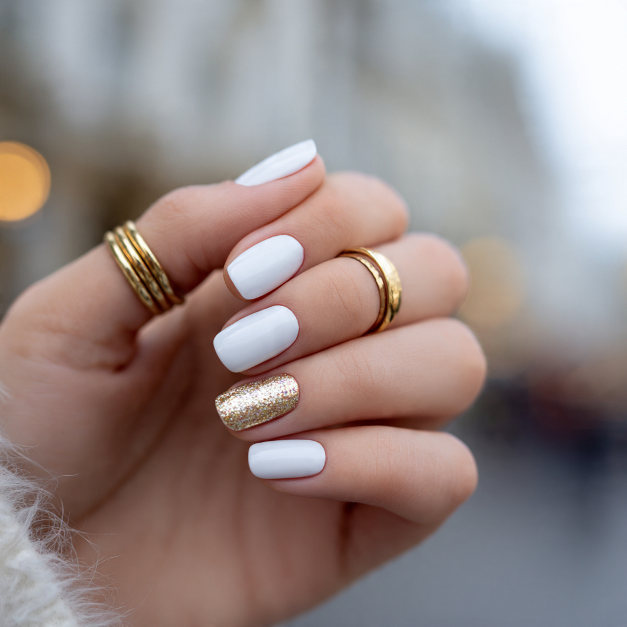 Glossy White with Gold Cuticle Glow