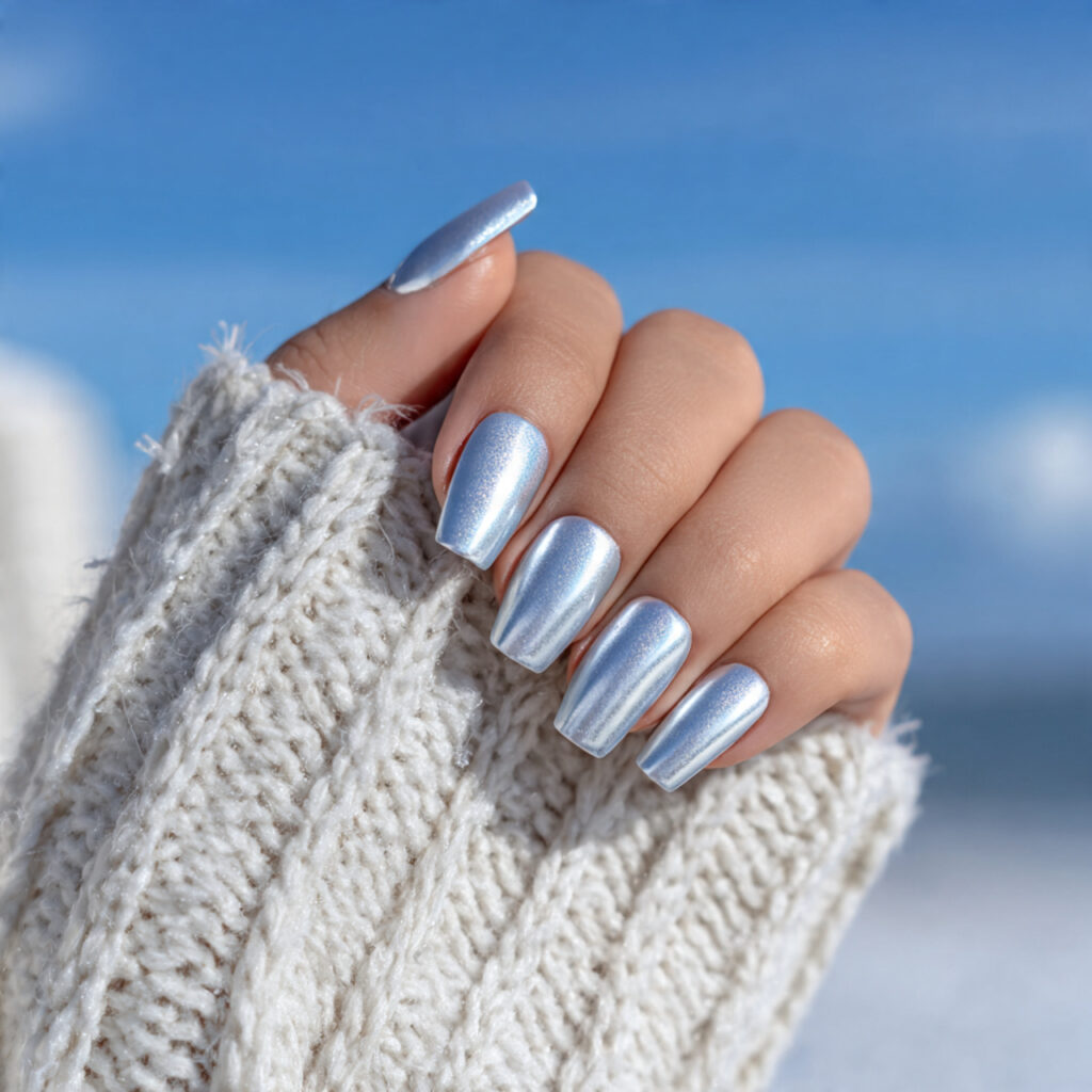 Stylish White Acrylic Nails for a Luxe Look 12 Icy Chrome Whisper
