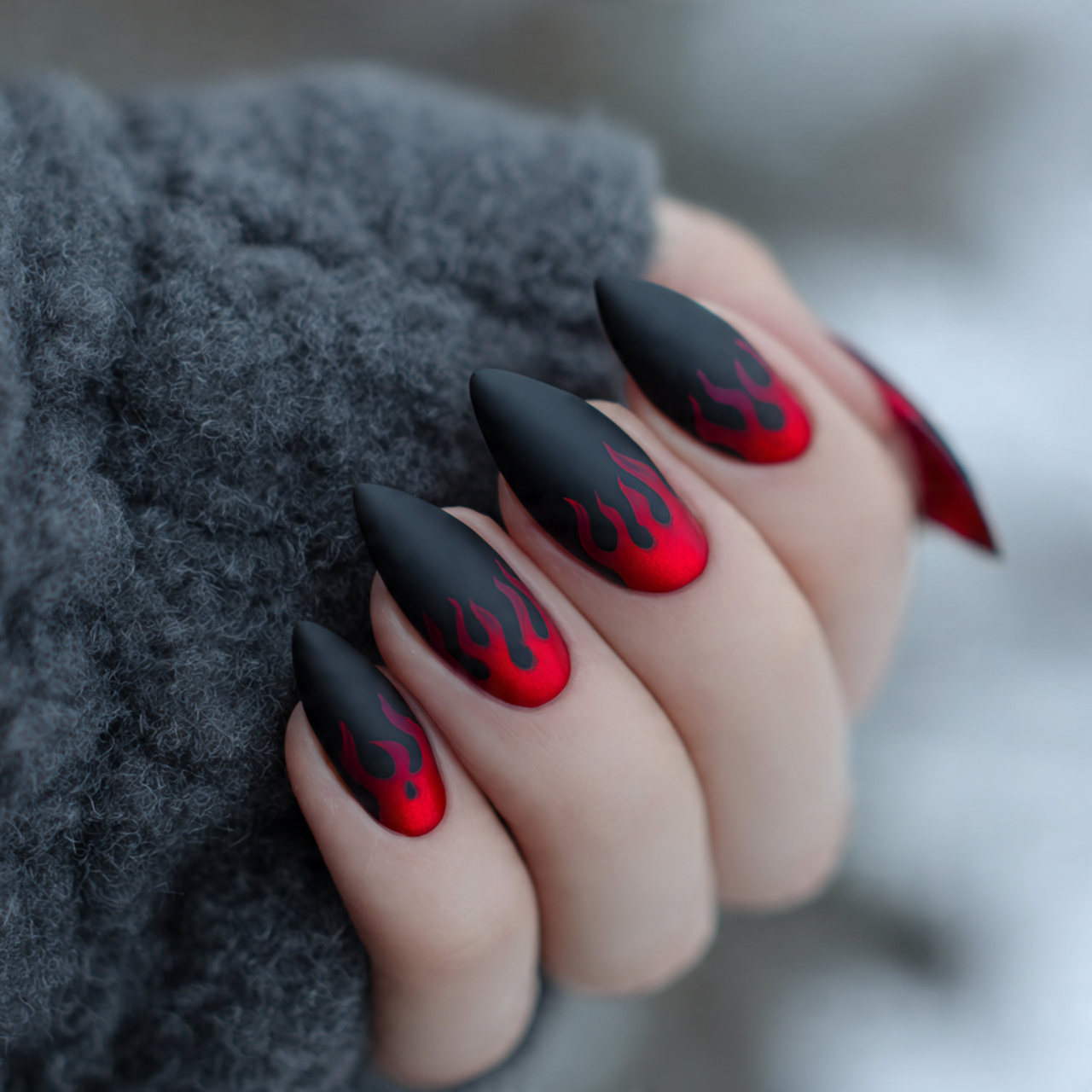 Stunning Black and Red Nails for Any Season 9 Matte Midnight with Glossy Flames