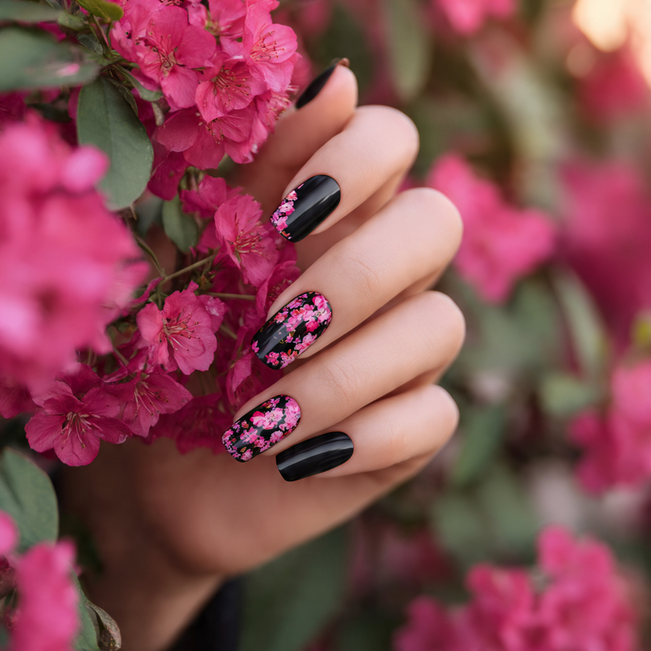 Chic Black and Pink Nails for a Bold Mani 1 Midnight Blossom