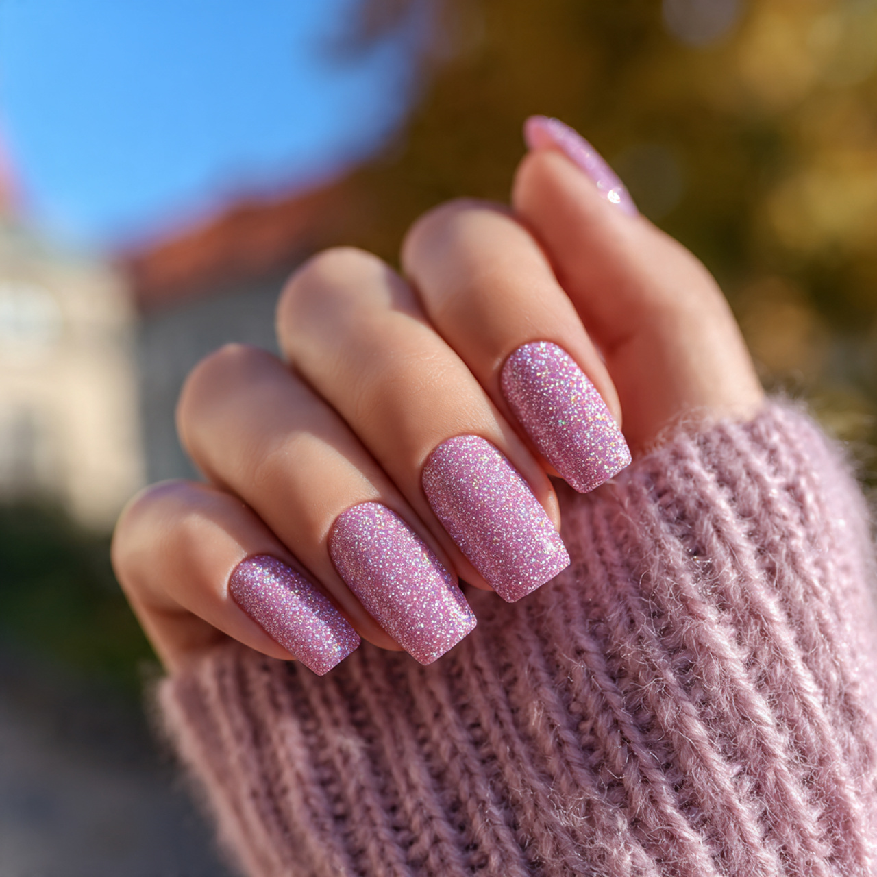 Classy and Modern Short Coffin Nails 9 Rosy Glitter Veil