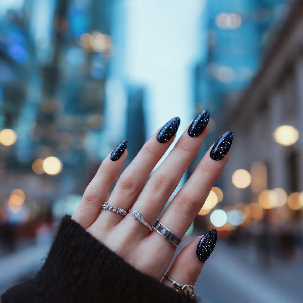 Chic Black Almond Nails for a Modern Look 7 Starry Night Reflections