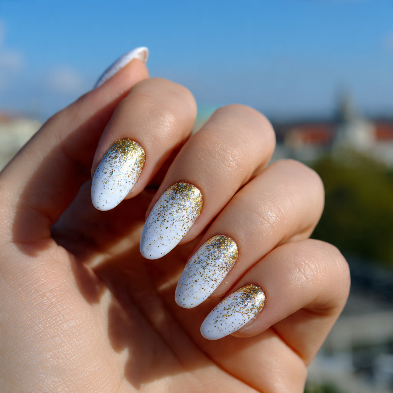 White Glitter Fade with Gold Accent Nail