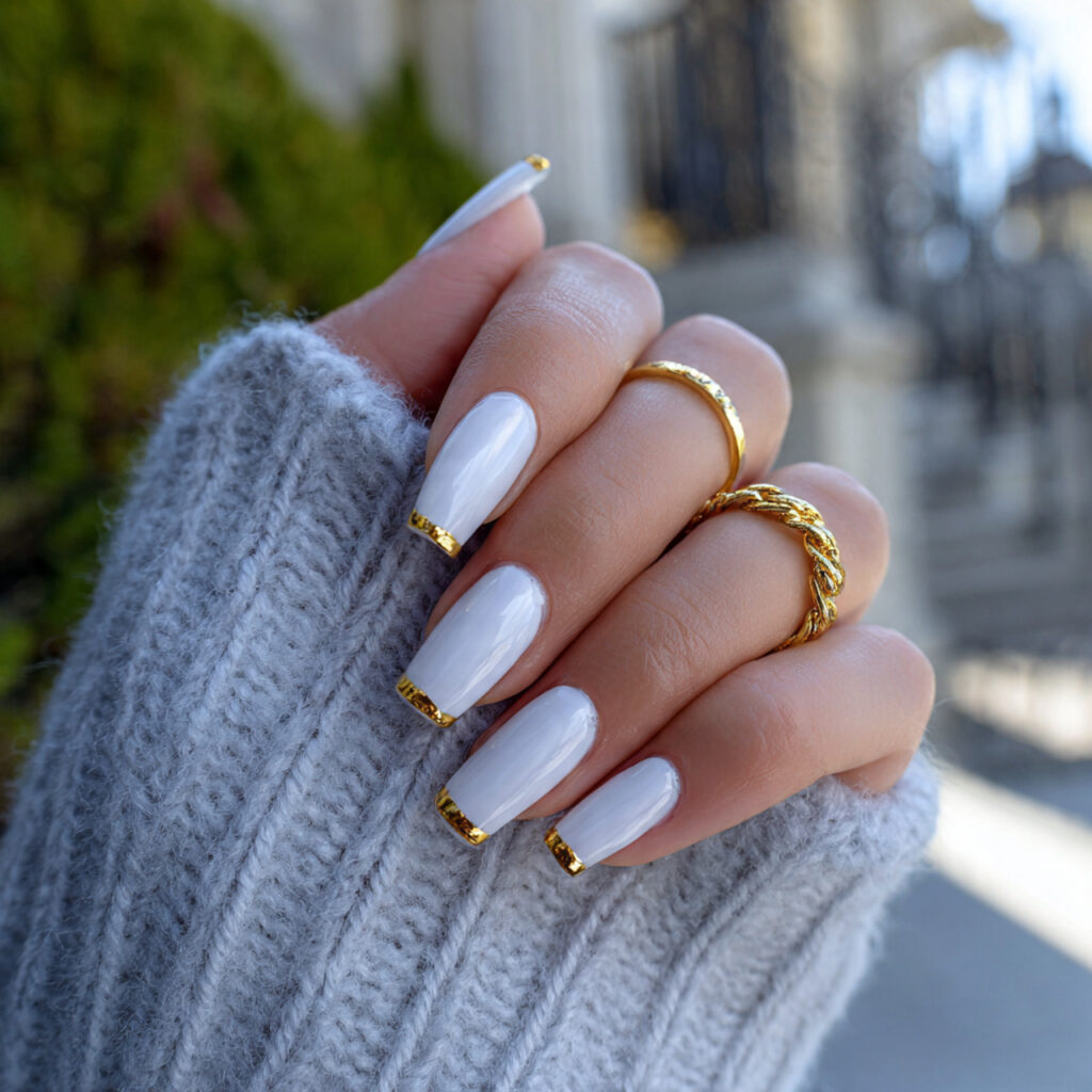 Stylish White Acrylic Nails for a Luxe Look 7 White and Gold Luxe Touch