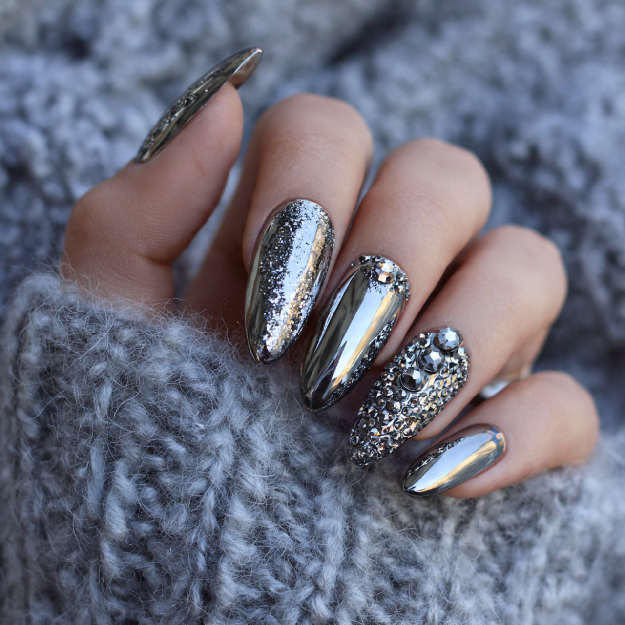 Stunning Silver Chrome Nails for a Futuristic Look 7 Chrome and Crystal Accent Sparkle