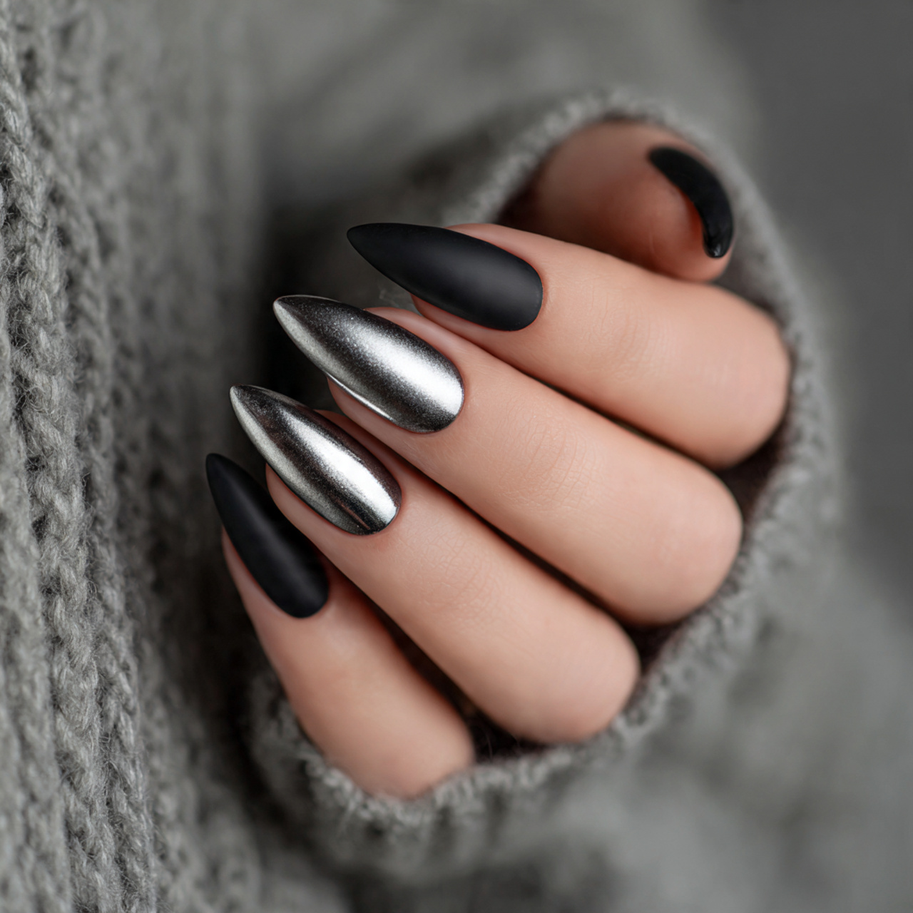 Stunning Silver Chrome Nails for a Futuristic Look 11 Matte and Chrome Contrast