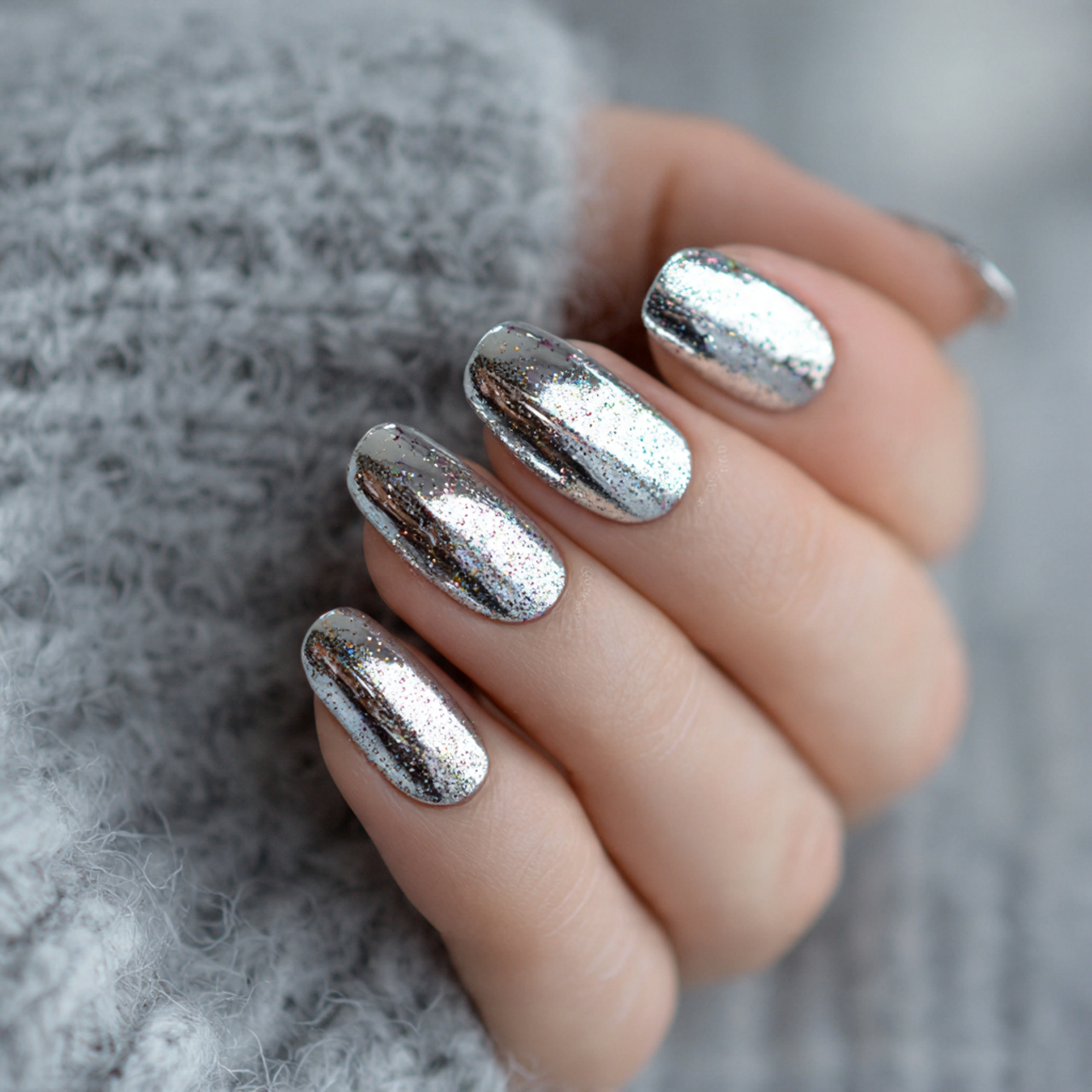 Stunning Silver Chrome Nails for a Futuristic Look 4 Silver Chrome with Subtle Glitter Veil